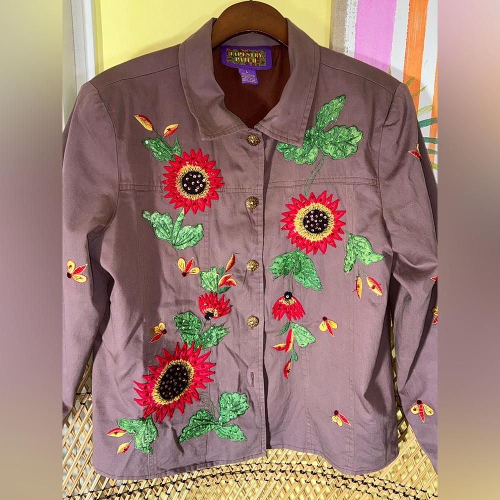 Tapestry Patch Sequin Embroidered Sunflower Jacket Bees Art to Wear Size L - Picture 8 of 10